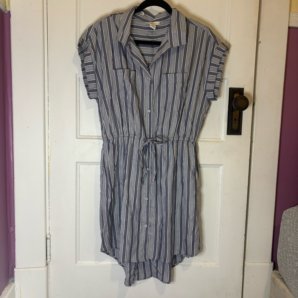 Japna Dress L Striped Blue and White Drawstring Waist Button-Up